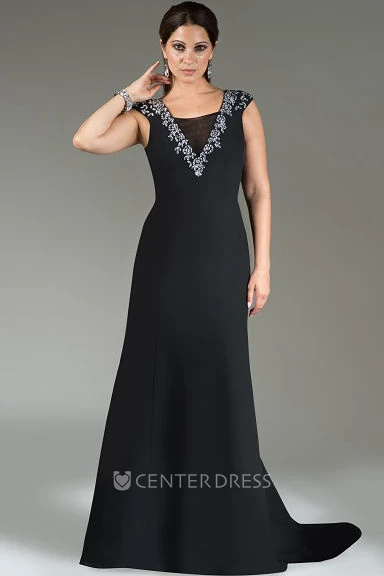 Tulle Neck Cap Sleeve A-Line Long Mother Of The Bride Dress With Train And Crystals