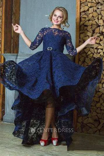3-4 Sleeve High Neck High Low Lace Dress With Keyhole Back