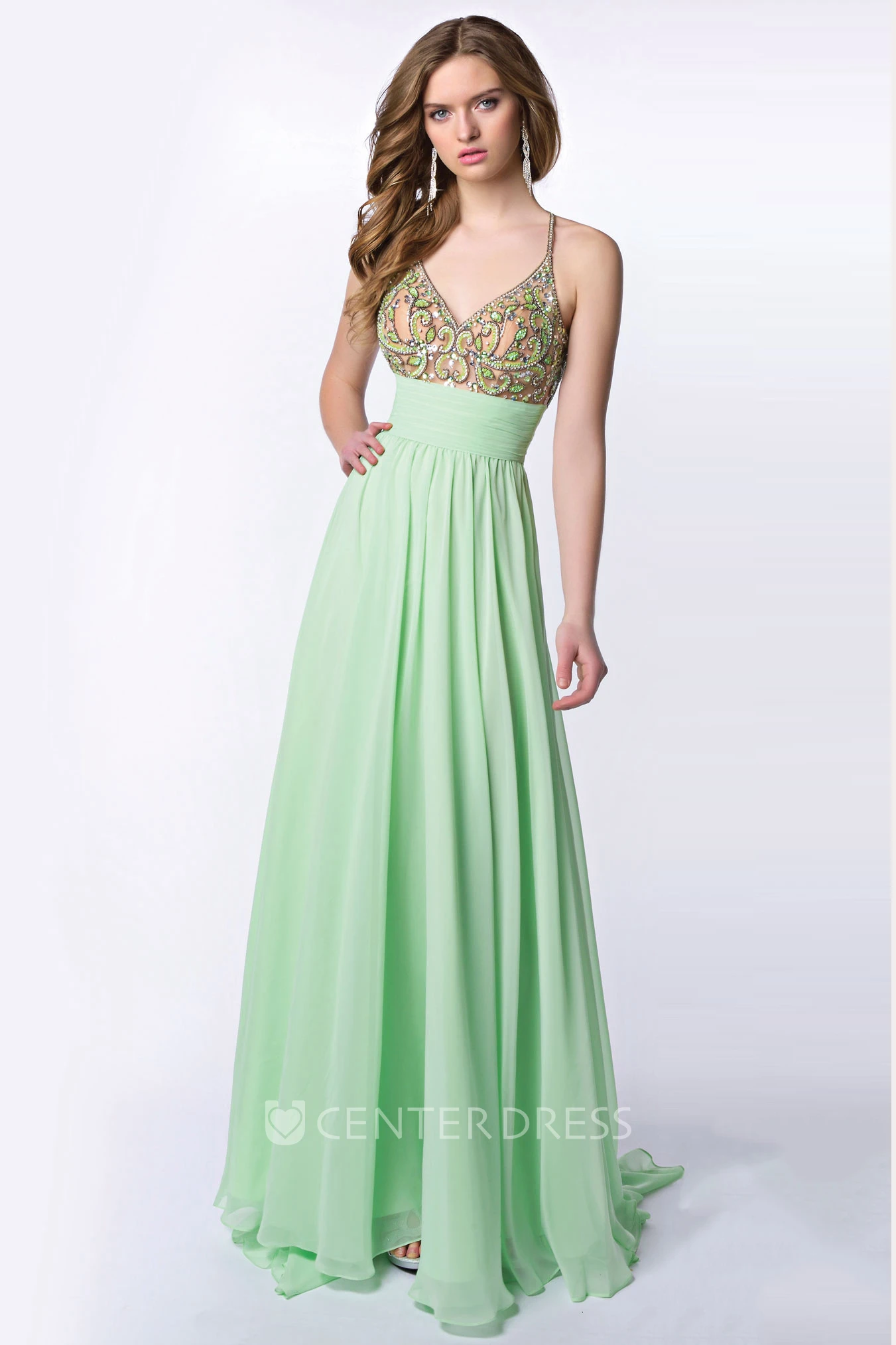 Long Chiffon A-Line V-Neck Homecoming Dress With Pleats And Cross Straps