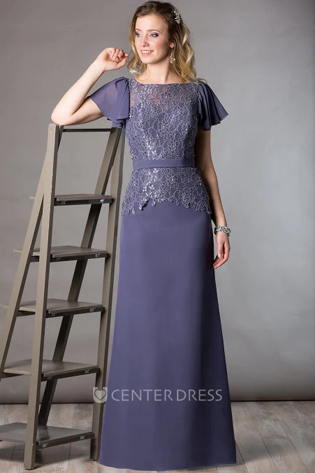 Lace Top Ruffled Short Sleeve A-Line Long Mother Of The Bride Dress With Crystal Details