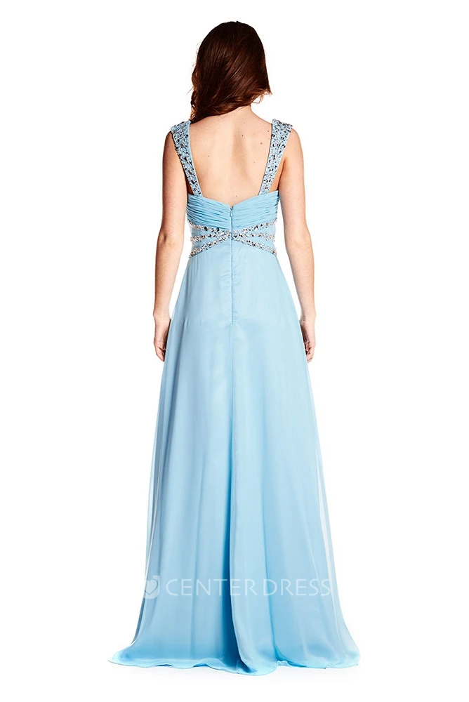Sleeveless Strapped Criss-Cross Chiffon Prom Dress With Beading