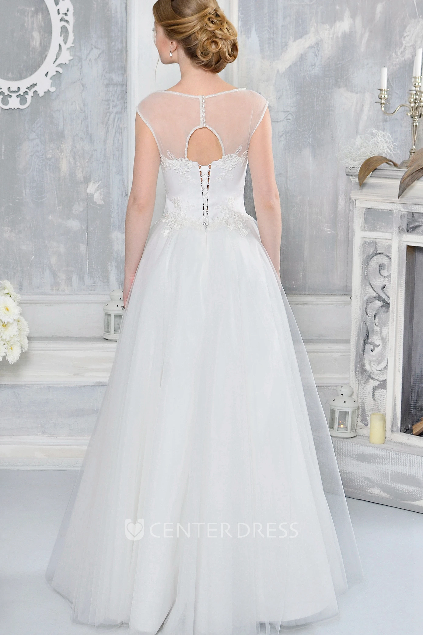 A-Line Appliqued Sleeveless Floor-Length Bateau-Neck Tulle Wedding Dress