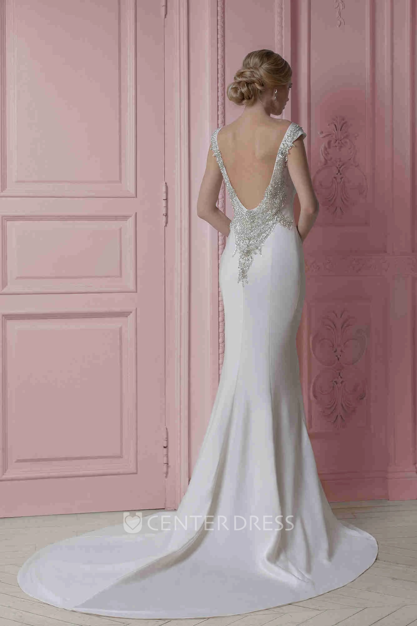 Sheath Cap-Sleeve Off-The-Shoulder Chiffon Wedding Dress With Beading And Deep-V Back