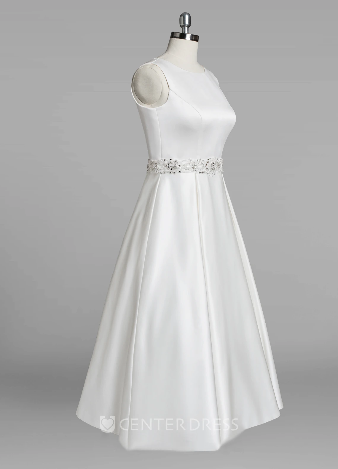 Jewel Neck Sleeveless A-Line Tea-Length Satin Wedding Dress With Beading