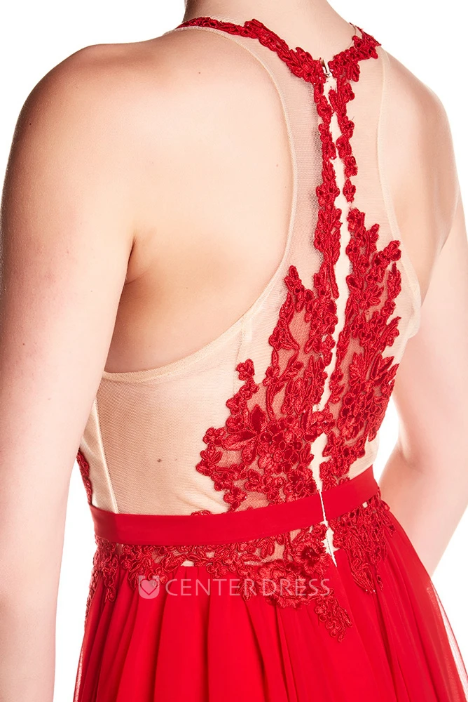 High Neck Appliqued Sleeveless Chiffon Prom Dress With Illusion Back