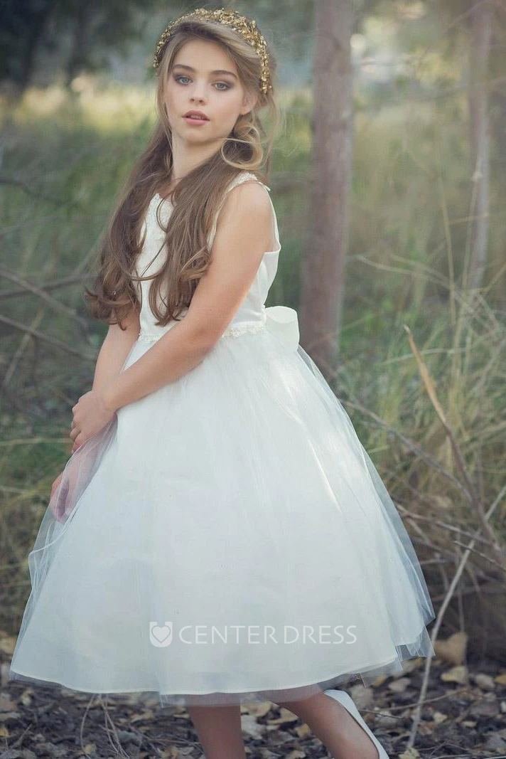 Floral Tea-Length Beaded Appliqued Tulle&Sequins Flower Girl Dress With Tiers