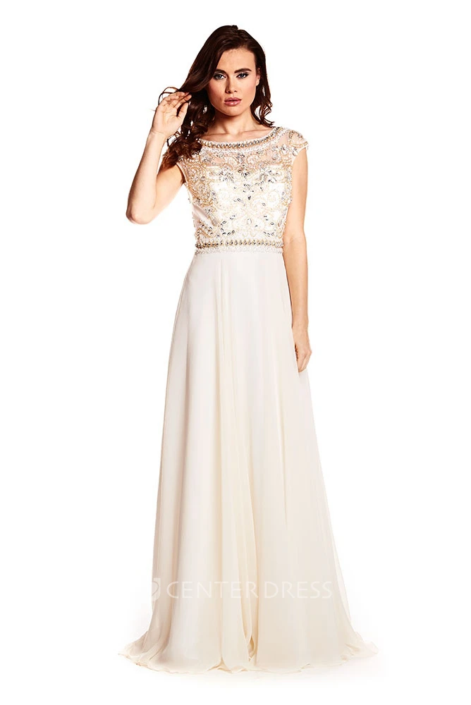 Beaded Bateau Neck Cap Sleeve Chiffon Prom Dress With Keyhole