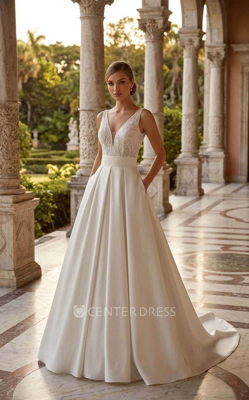 Unique Sexy A-Line Bohemian Lace Satin Spring Wedding Dress Chic Romantic Plunging Neckline Sleeveless Backless Beaded Bridal Gown with Pockets