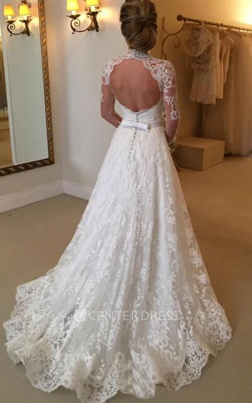 A-Line Short High Neck Long Sleeve Bell Illusion Bow Appliques Tiers Illusion Sweep Train Backless Illusion Lace Dress