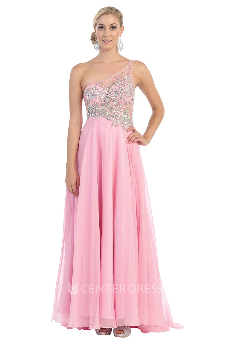 A-Line One-Shoulder Sleeveless Tulle Illusion Dress With Beading And Pleats