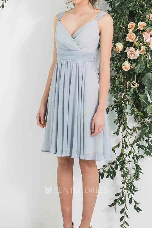 Mini Strapped Pleated Sleeveless Chiffon Bridesmaid Dress