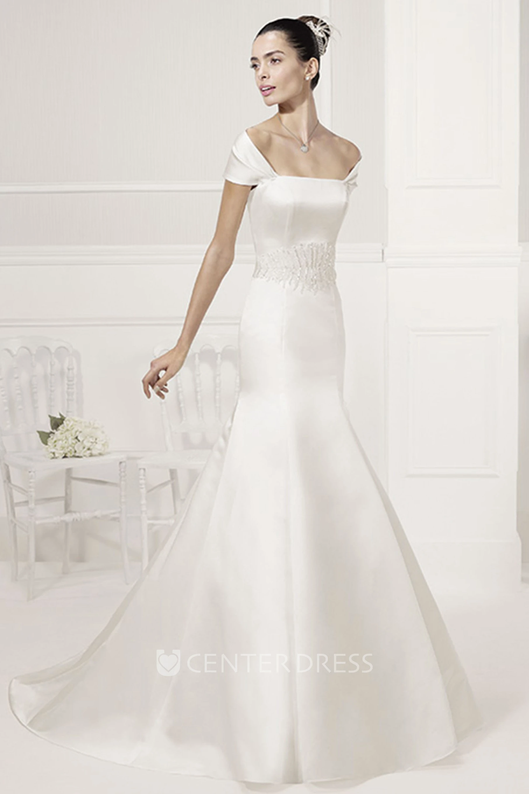 Unique Off-Shoulder Mermaid Satin Bridal Gown With Beading Waist