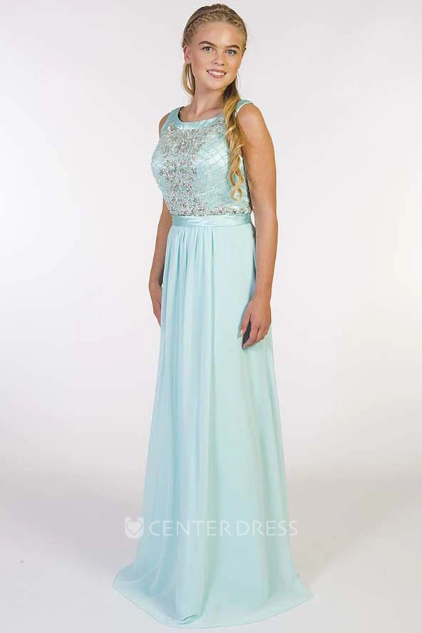Sheath Long Beaded Scoop-Neck Sleeveless Chiffon Prom Dress