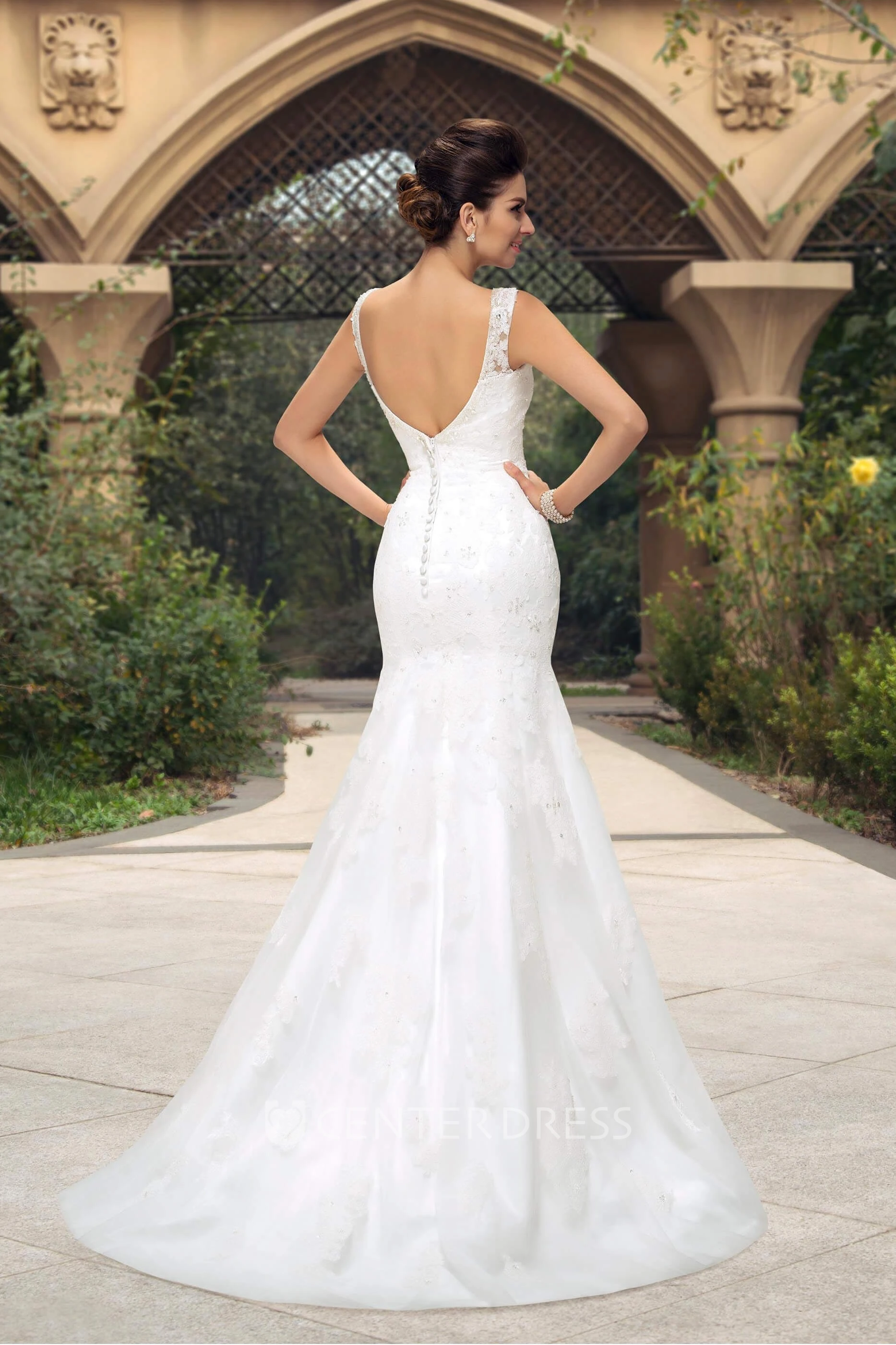 V-neck Lace Appliqued Sleeveless Mermaid Open Back Bridal Gown