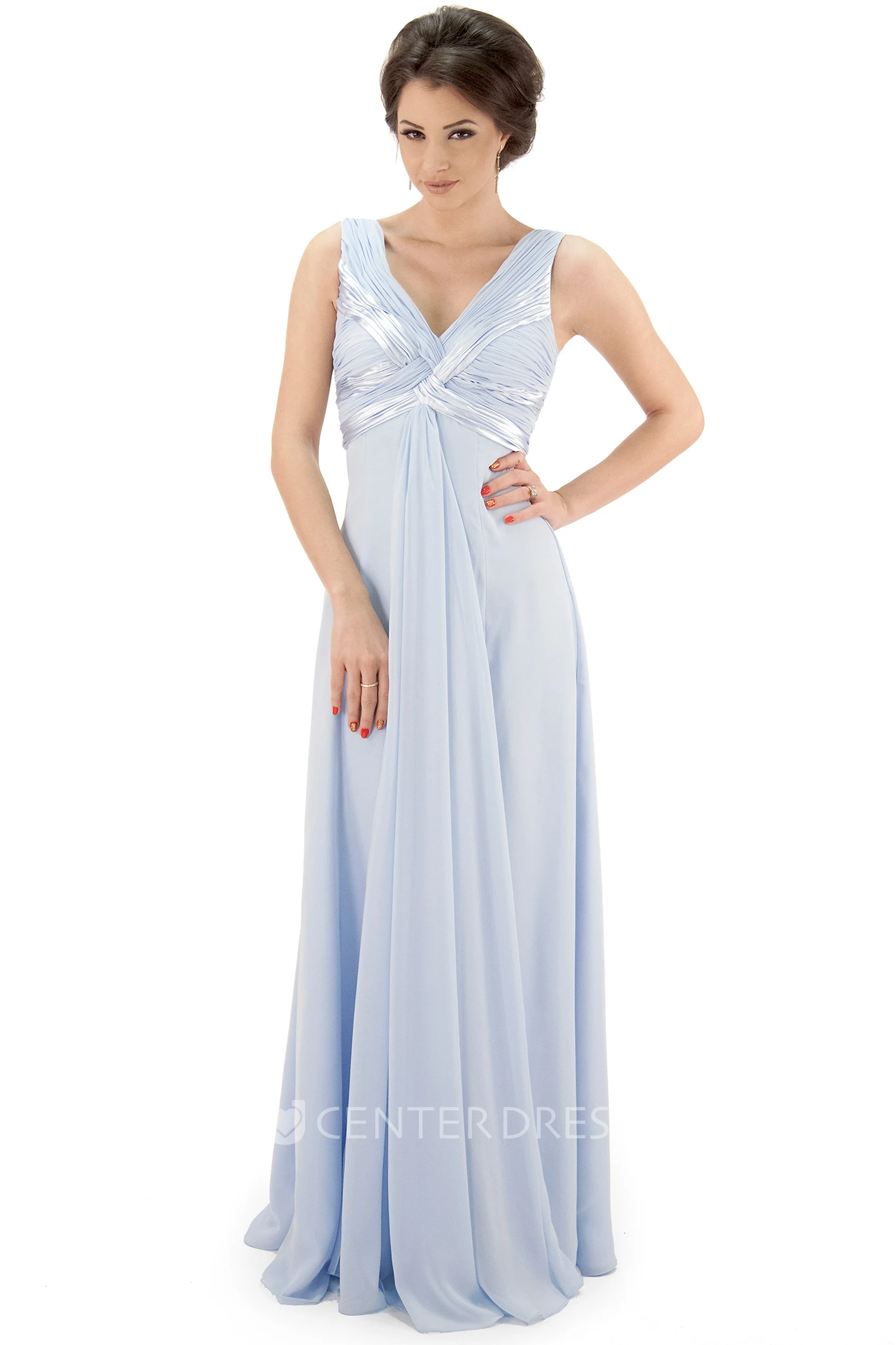 Maxi V-Neck Ruched Chiffon Bridesmaid Dress With Pleats And Illusion