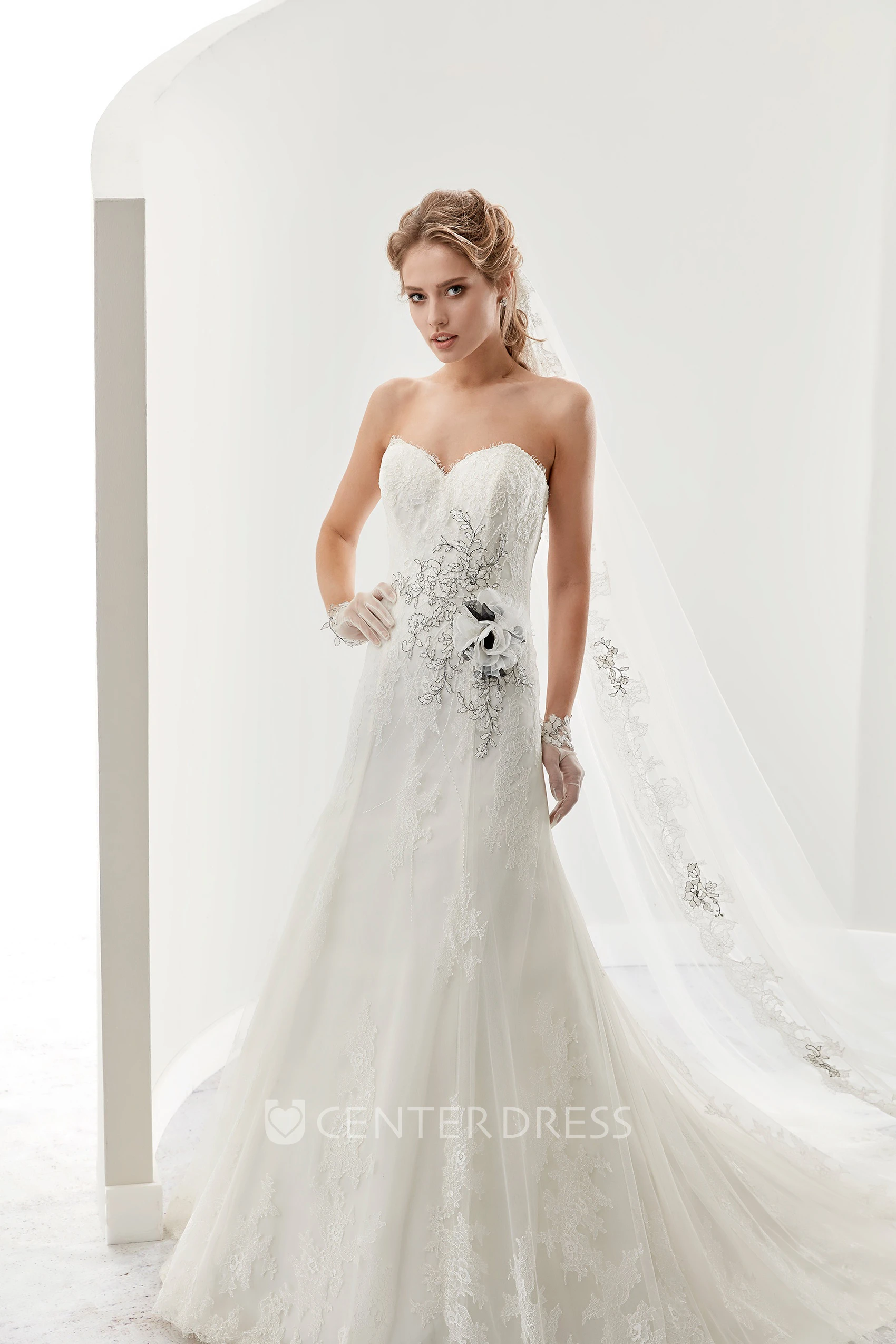 Sweetheart Beaded Flower Lace Bridal Gown with Brush Train and Lace-up back