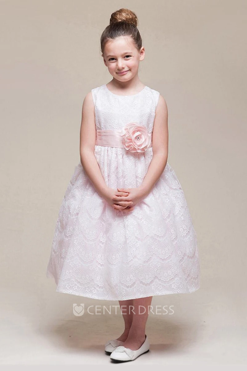 Tea-Length Floral Beaded Lace Flower Girl Dress With Ribbon