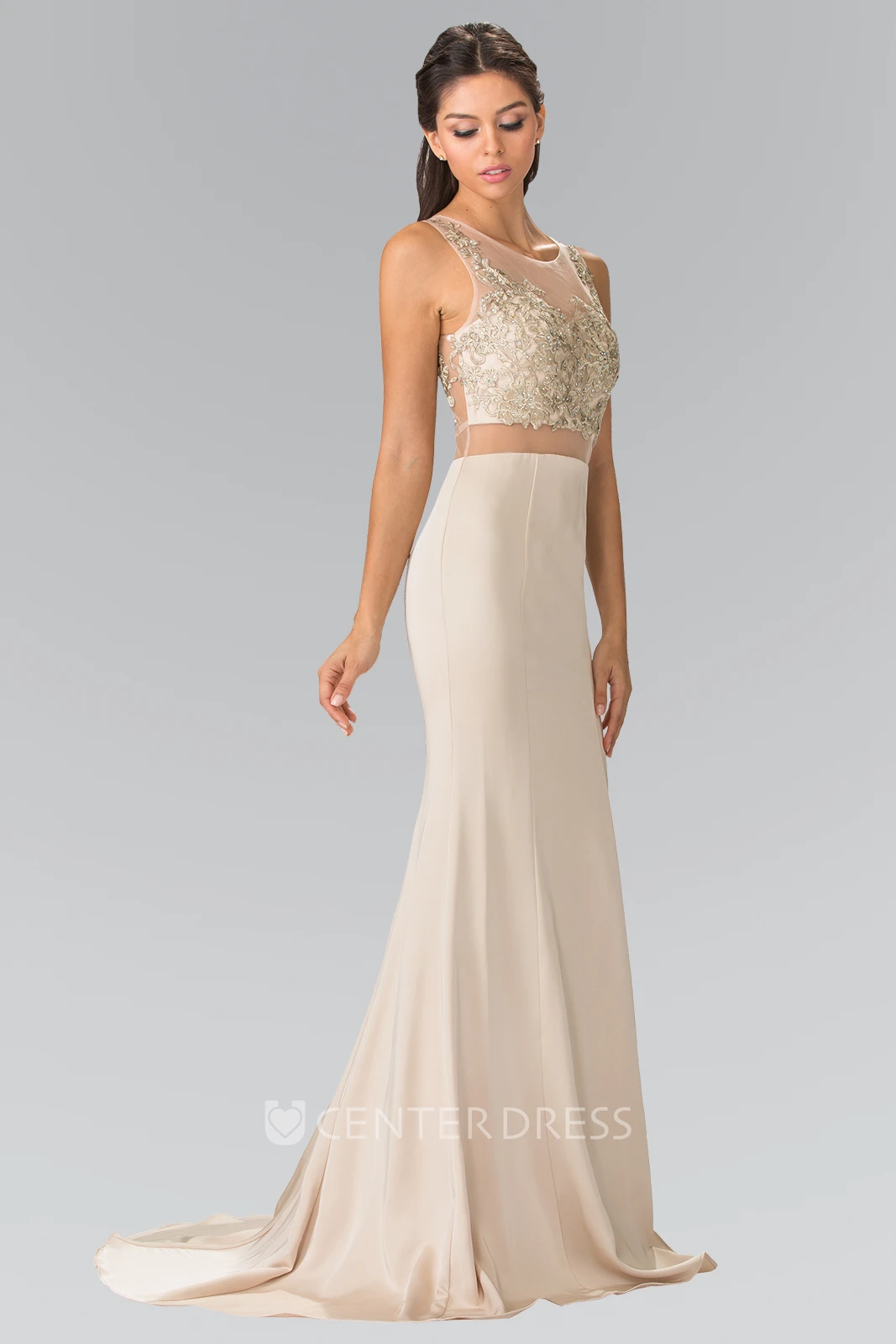 Sheath Maxi V-Neck Sleeveless Jersey Illusion Dress With Beading