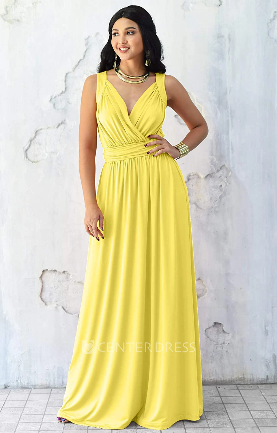 Sexy Chiffon Floor-length V-neck A Line Sleeveless Bridesmaid Dress With Ruching