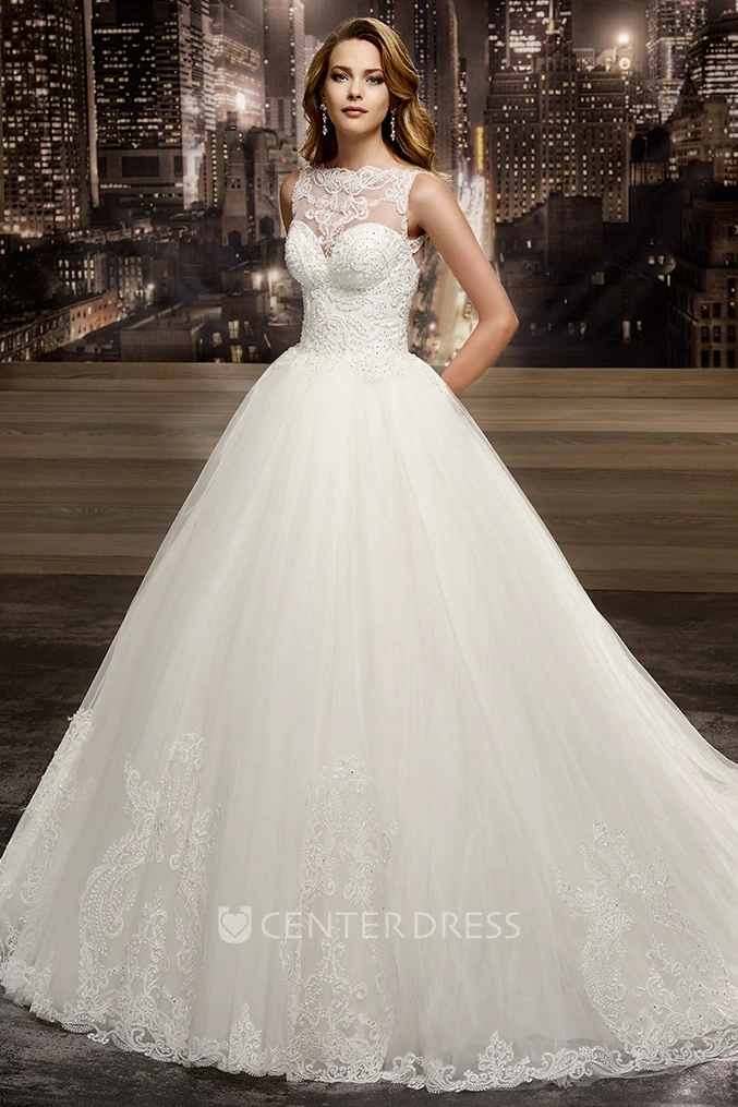 Cap Sleeve A-Line Jewel-Neck Bridal Gown With Lace Corset And Brush Train