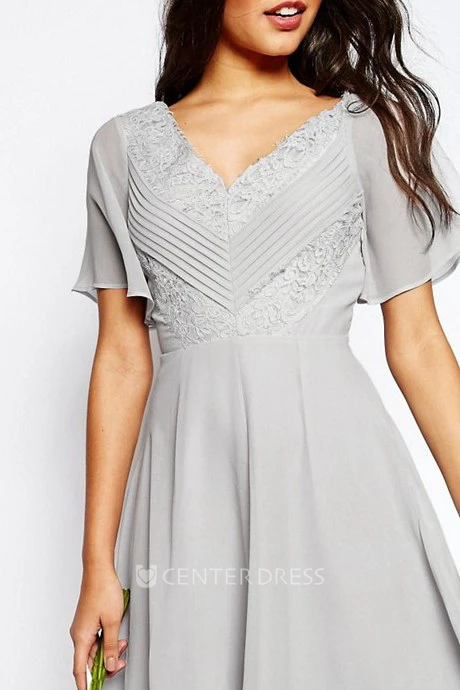 Knee-Length Lace Poet Sleeve V-Neck Chiffon Bridesmaid Dress With Ruching