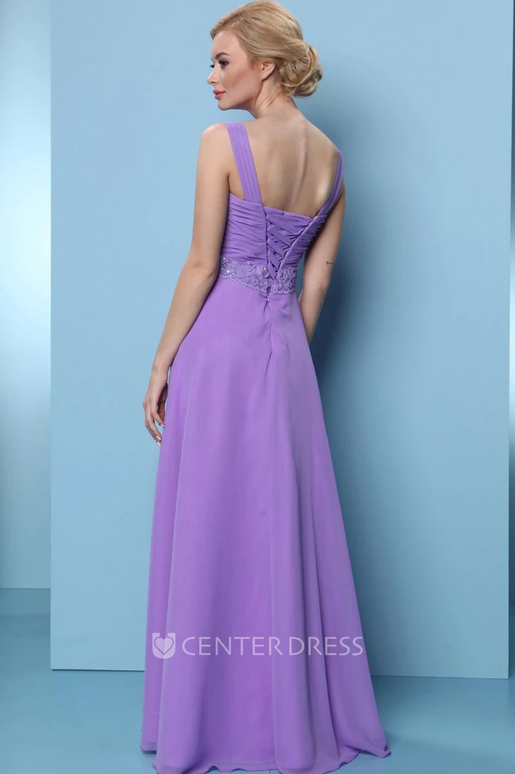 Sleeveless Appliqued Strapped Chiffon Bridesmaid Dress With Ruching And Lace-Up