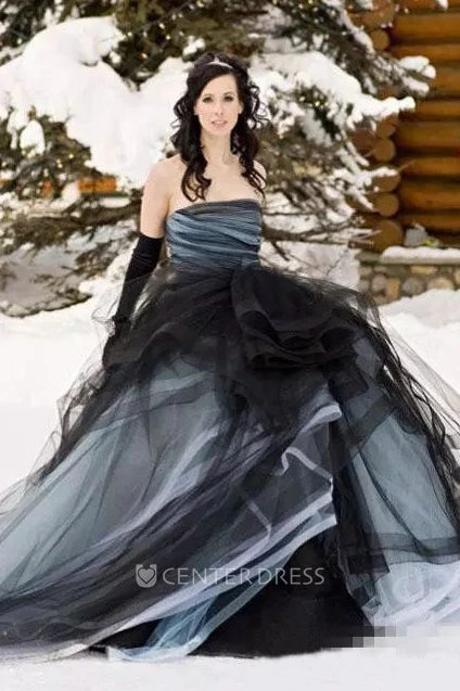 Sleeveless Ball Gown Strapless Tulle Floor-length Sweep Train Wedding Dress with Tiers