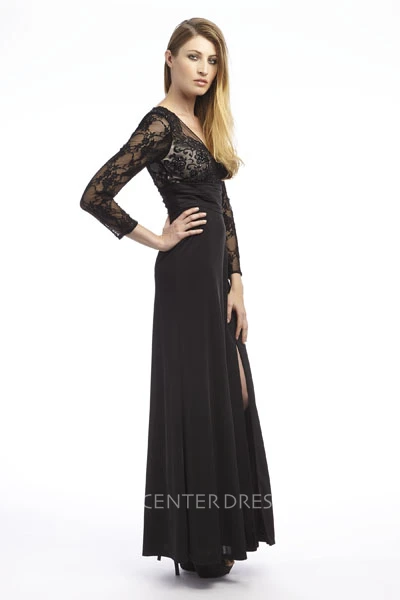 A-Line 3-4-Sleeve Ankle-Length V-Neck Appliqued Chiffon Prom Dress With Beading And Split Front