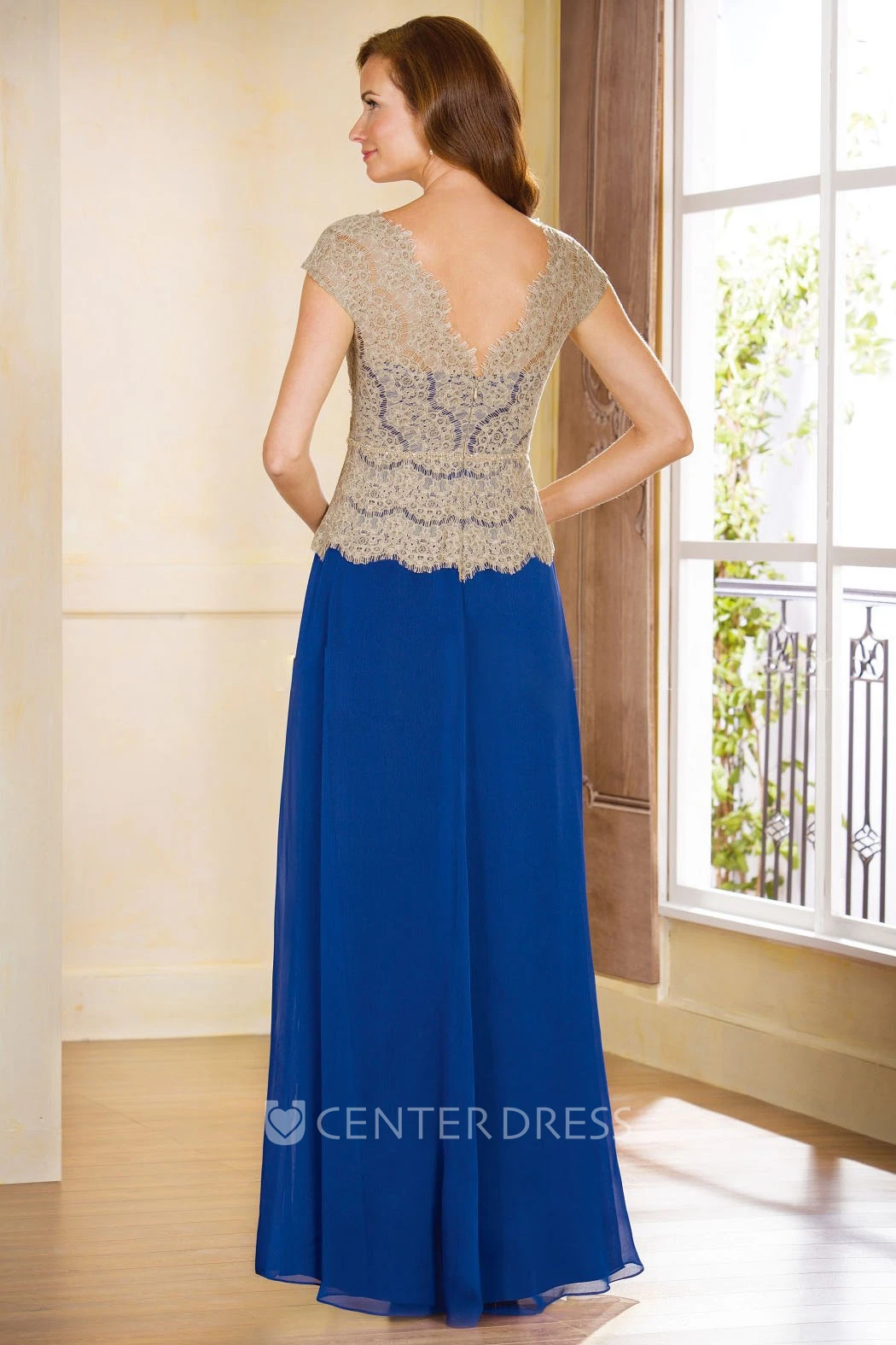 Cap-Sleeved V-Neck Long Chiffon Mother Of The Bride Dress With Lace Bodice