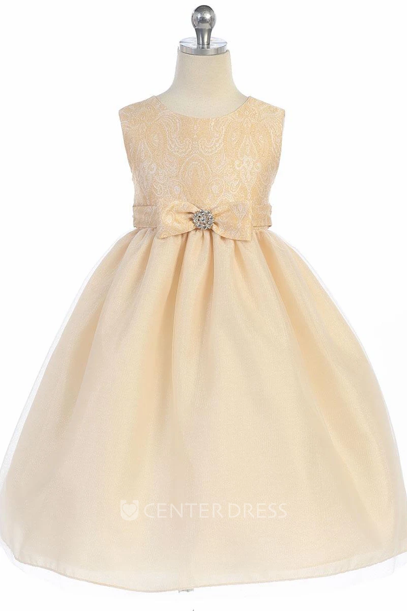 Tea-Length Tiered Bowed Tulle&Satin Flower Girl Dress