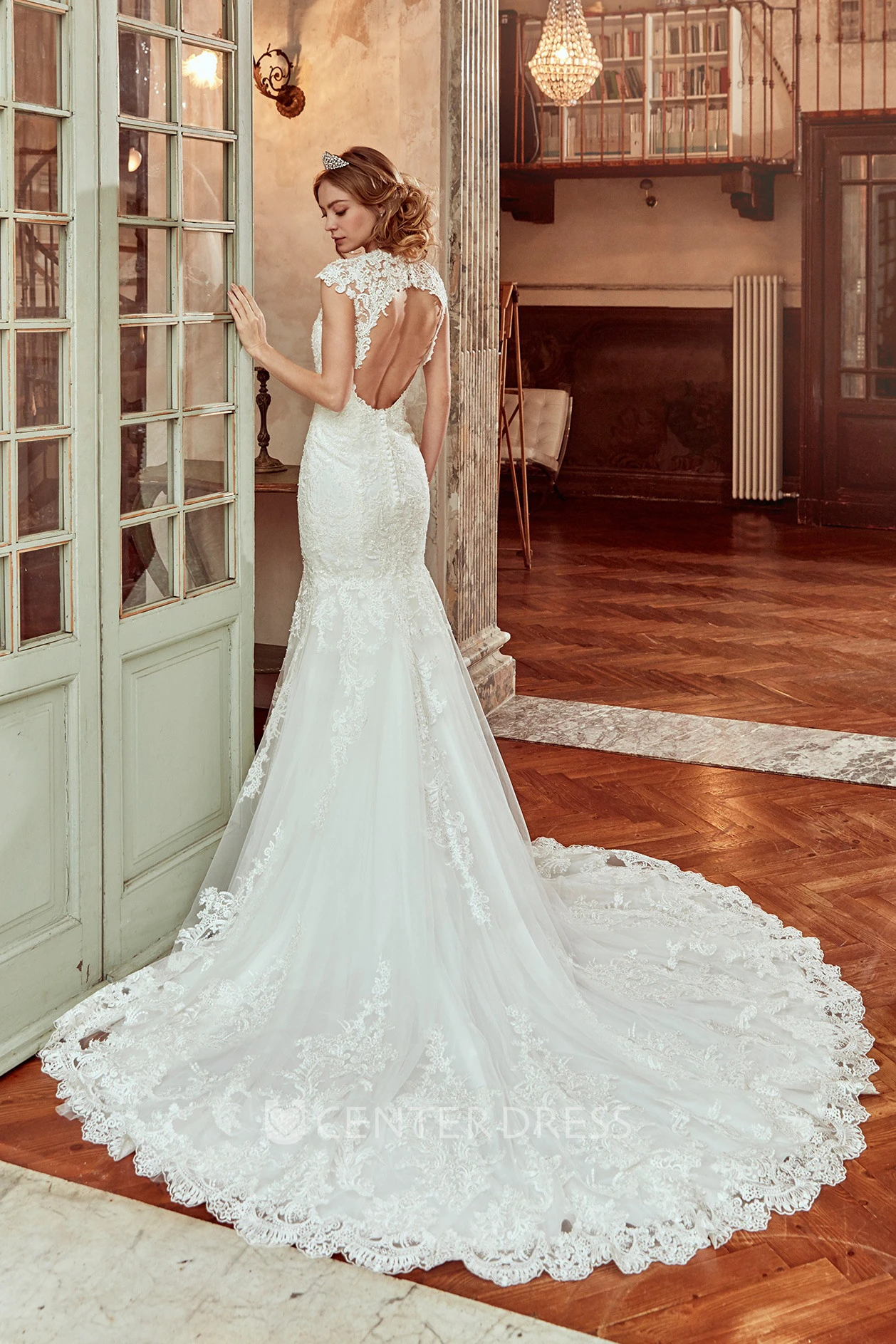 Cap-Sleeve Sheath Lace Wedding Dress With Brush Train and Open Back 