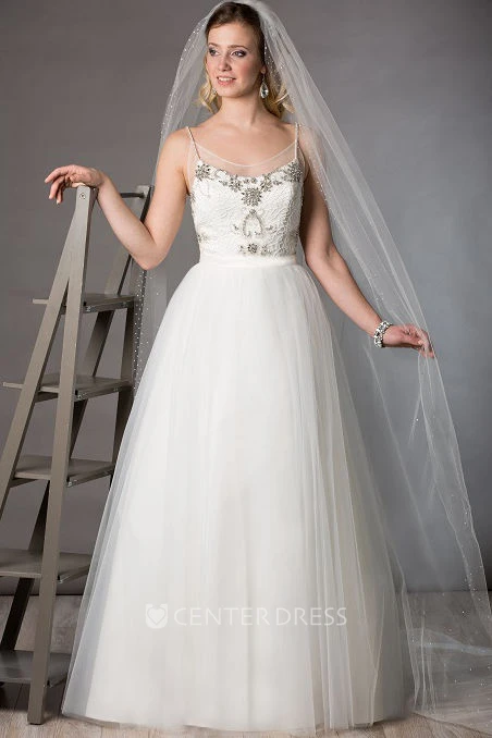 Spaghetti Straps Tulle Bridal Ball Gown With Crystal Top