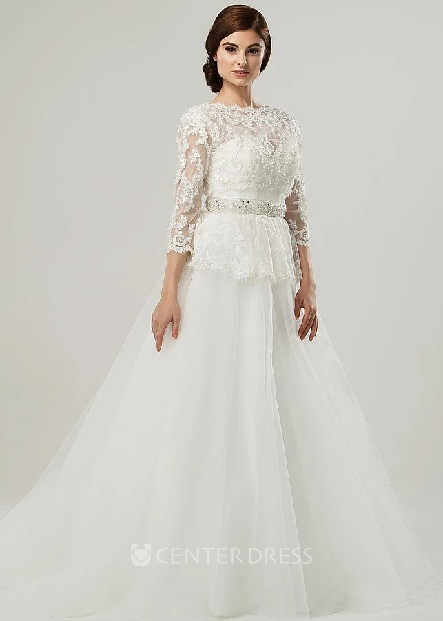 Ball Gown Jeweled Cap-Sleeve Scoop-Neck Tulle Wedding Dress With Lace And Peplum