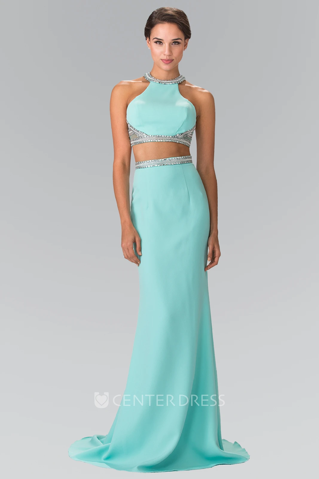 Two-Piece Sheath High Neck Sleeveless Jersey Dress With Beading