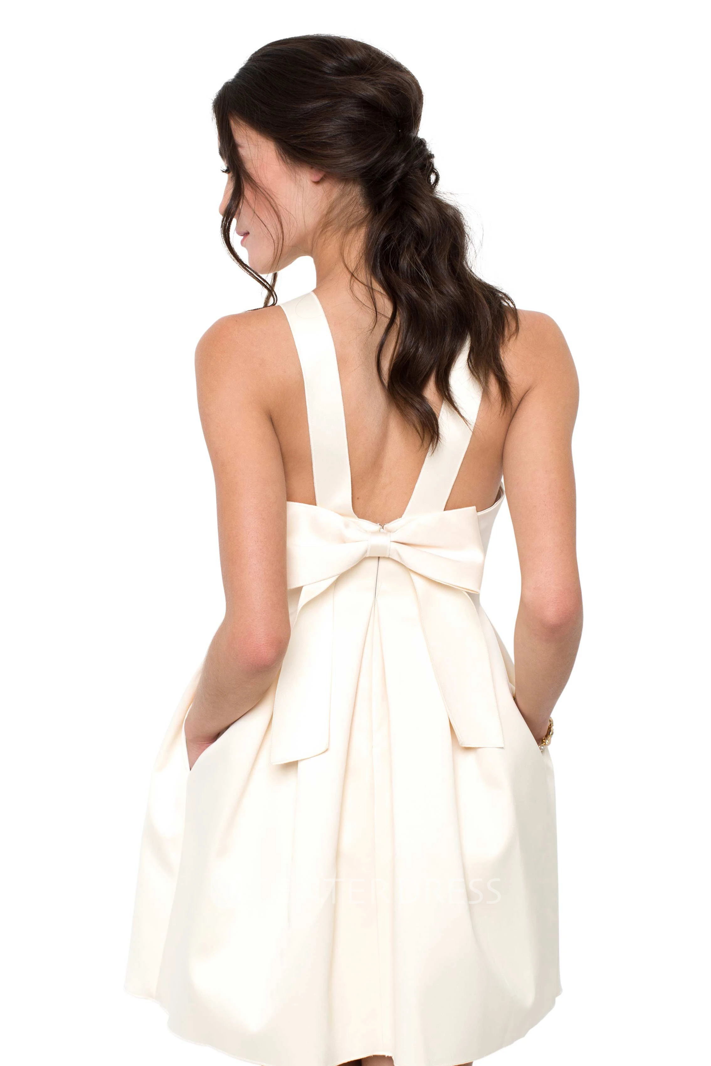 A-Line Bowed Sleeveless Jewel Mini Satin Little White Dress With Low-V Back