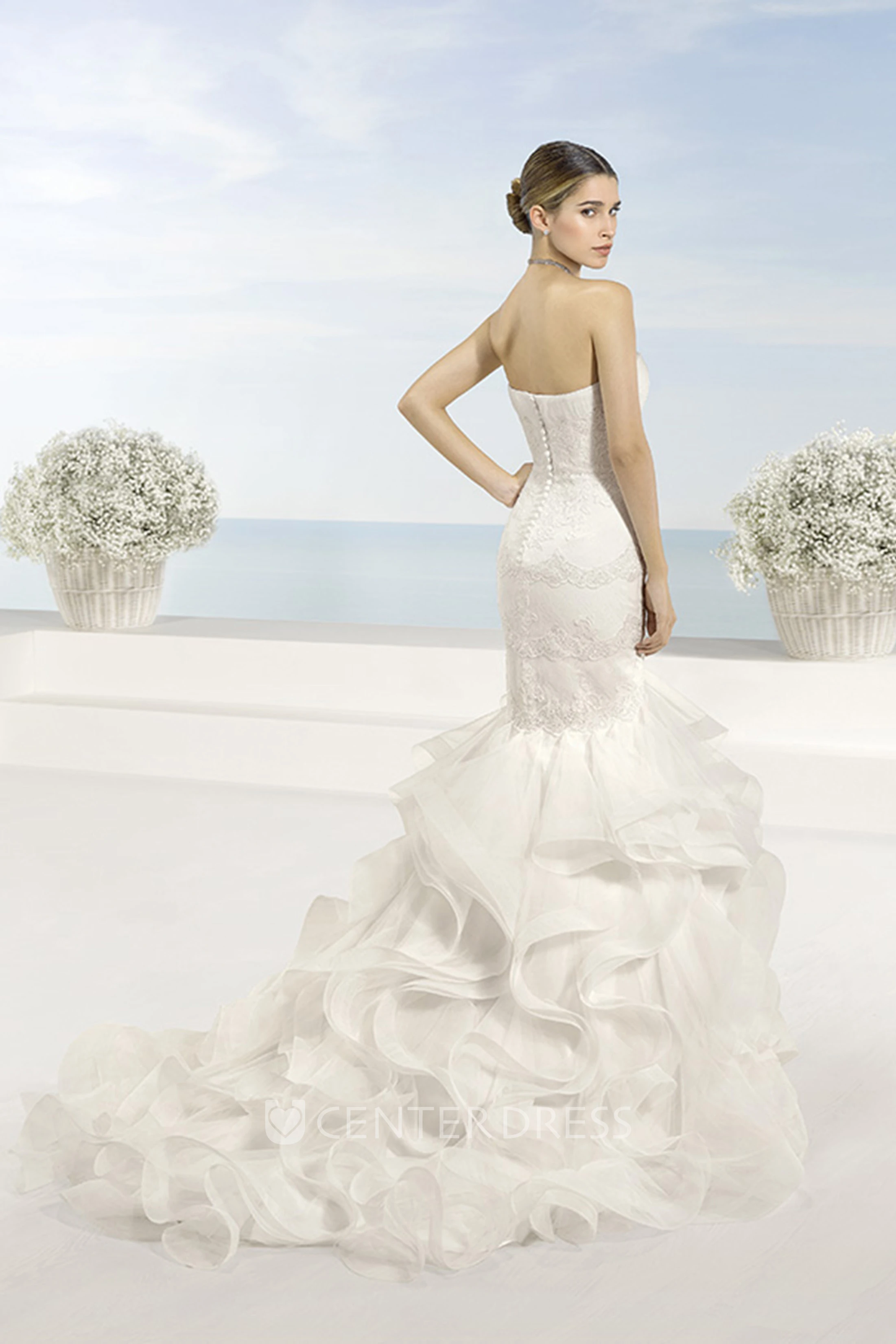 Sheath Cap-Sleeve Cascading-Ruffle Floor-Length Lace&Organza Spring Wedding Dress With Appliques And Backless Style