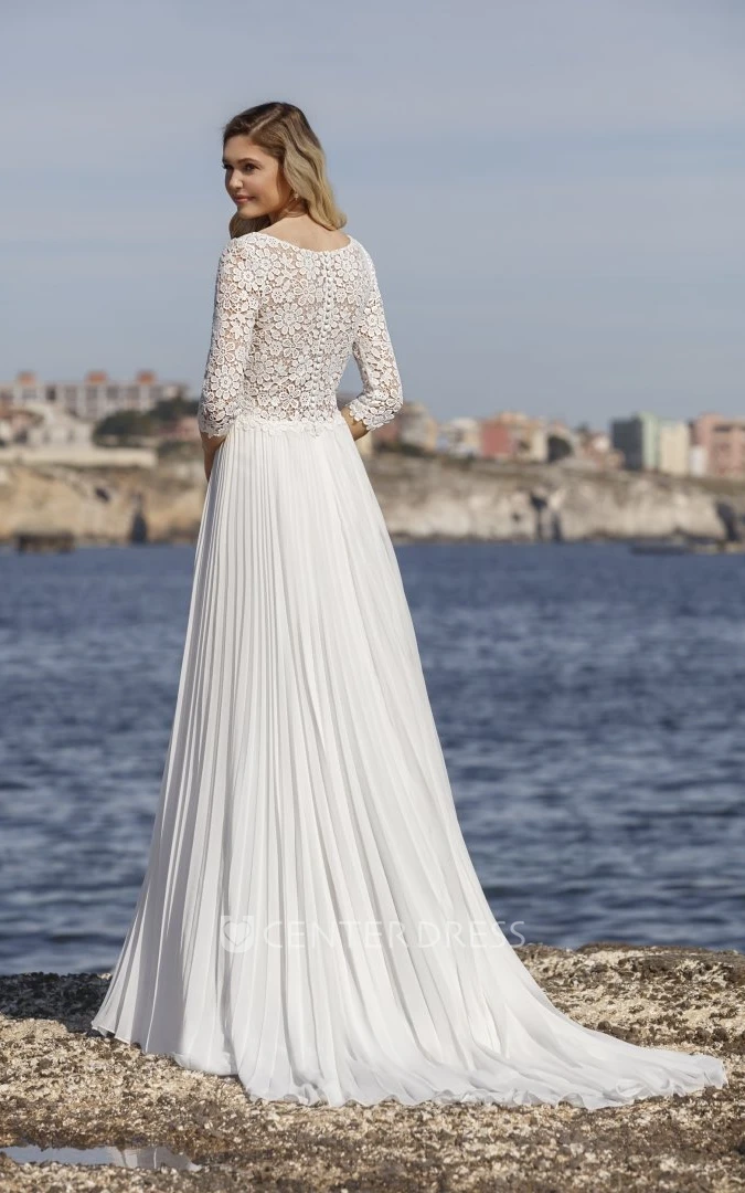 Georgous Half Sleeve Front Split Lace Chiffon Button Wedding Dress