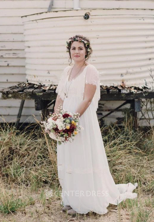 A Line Scoop Chiffon Lace Open Back Zipper Wedding Gown