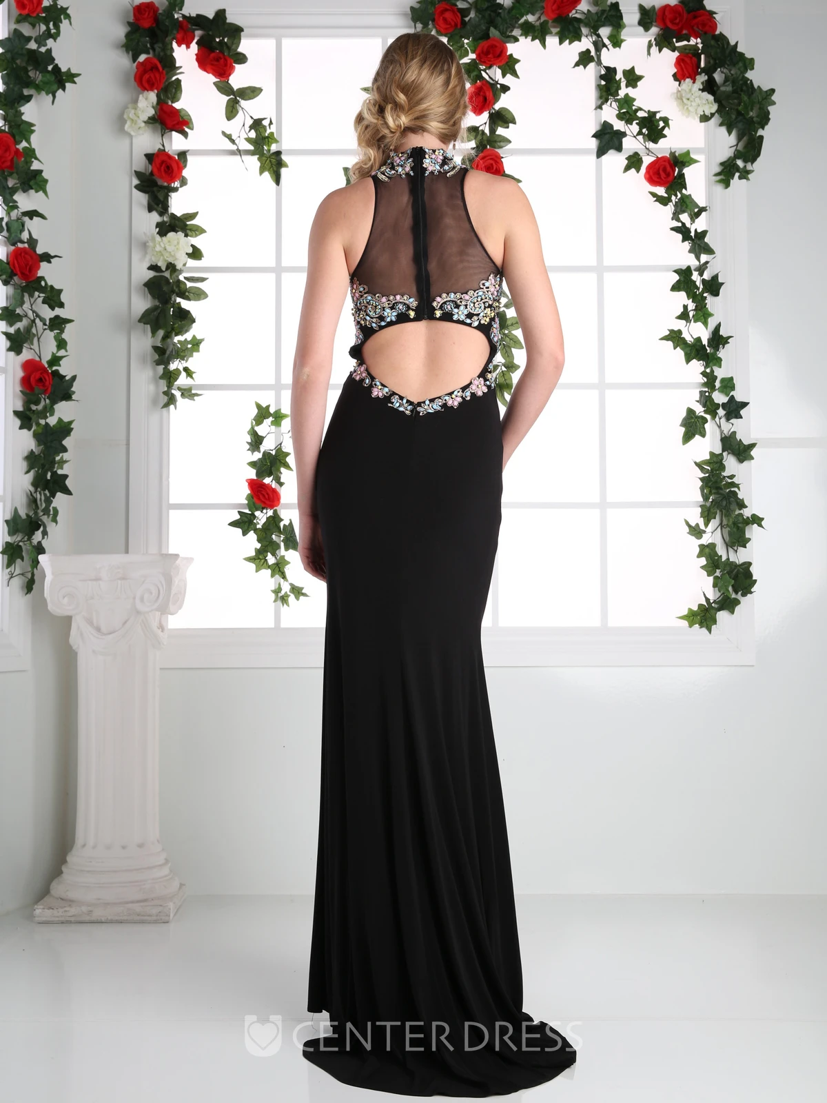 Keyhole Sheath High Neck Sleeveless Jersey Illusion Dress With Beading
