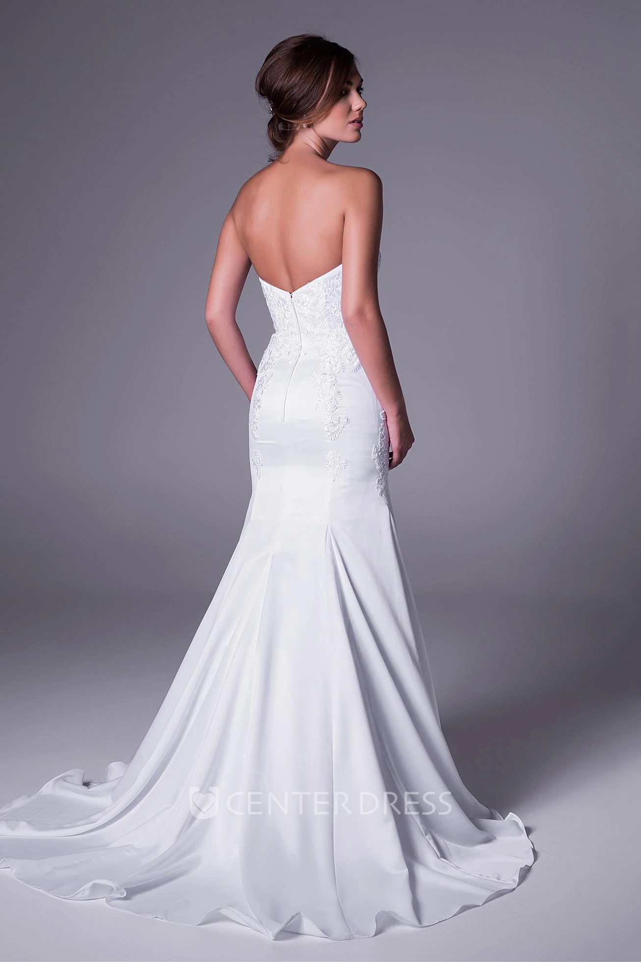 Mermaid Appliqued Strapless Chiffon Wedding Dress With Waist Jewellery