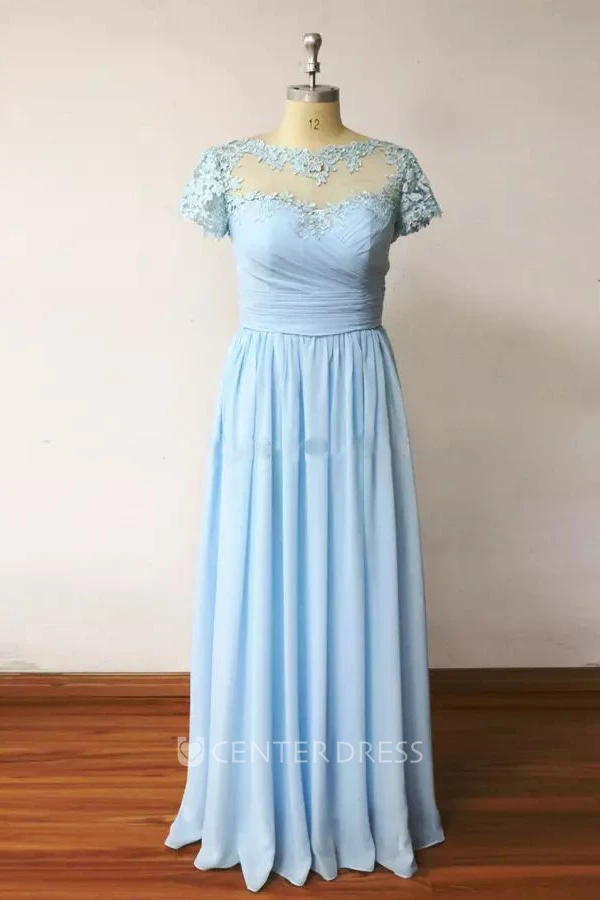 Short Sleeve A-line Jewel Floor-length Chiffon Bridesmaid Dress with Appliques and Ruching