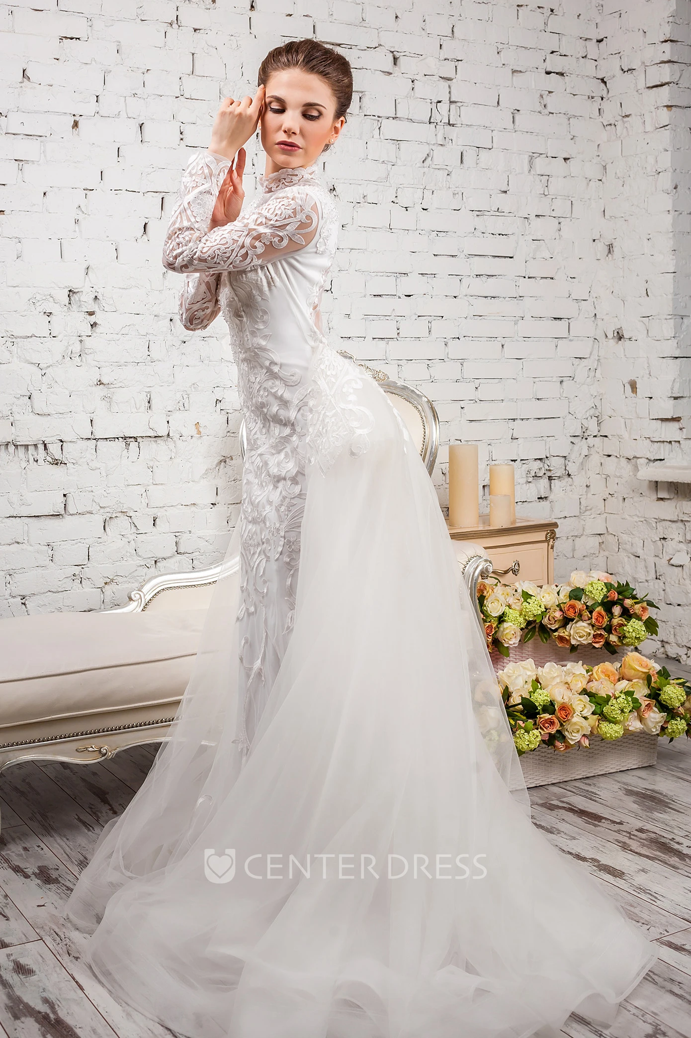 Sheath High Neck Floor-Length Long-Sleeve Lace&Tulle Wedding Dress With Appliques