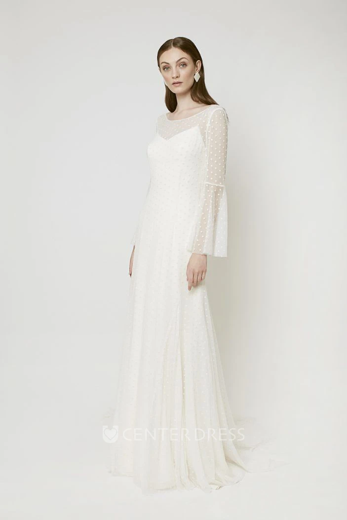 Stylish Sheath Tulle Wedding Dress With Bell Sleeve