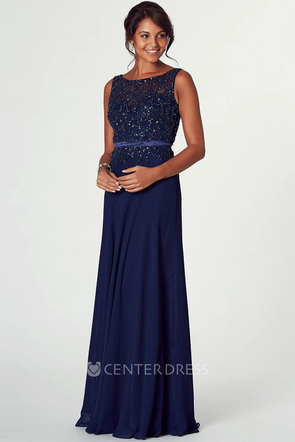 Floor-Length Mermaid Bateau Neck Sleeveless Beaded Chiffon Prom Dress