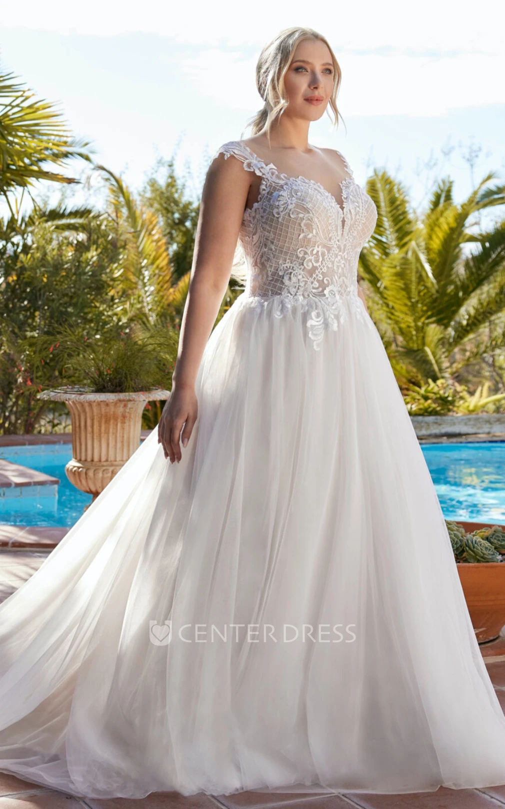 Elegant A Line Lace V-neck Wedding Dress With Short Sleeve And Deep-V Back