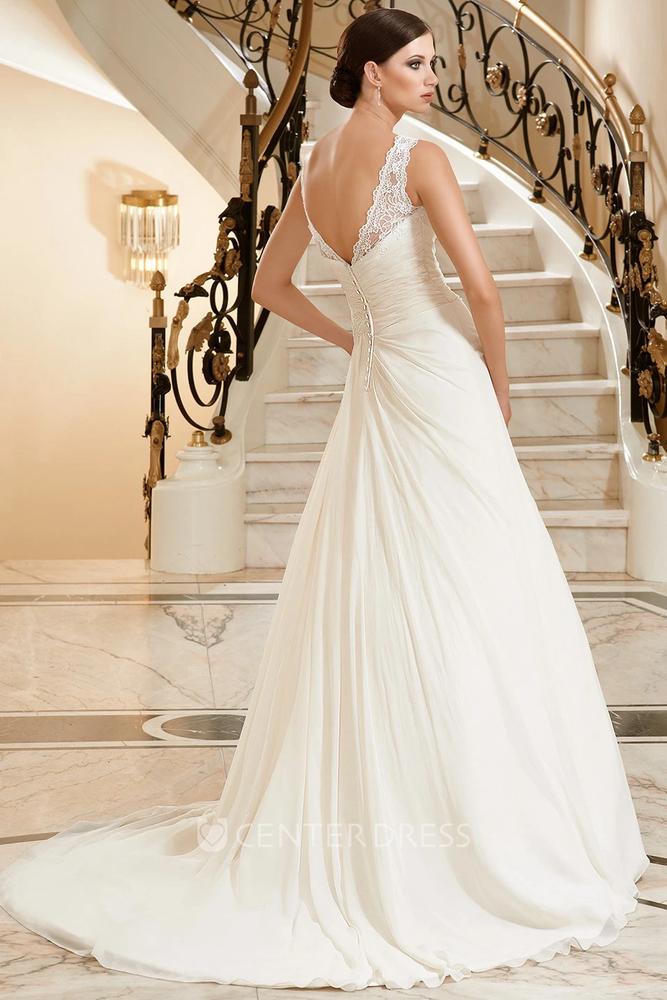 A-Line Maxi Sleeveless Appliqued Jewel-Neck Wedding Dress With Side Draping