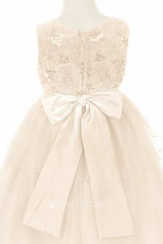 Tea-Length Split-Front Sequins&Satin Flower Girl Dress