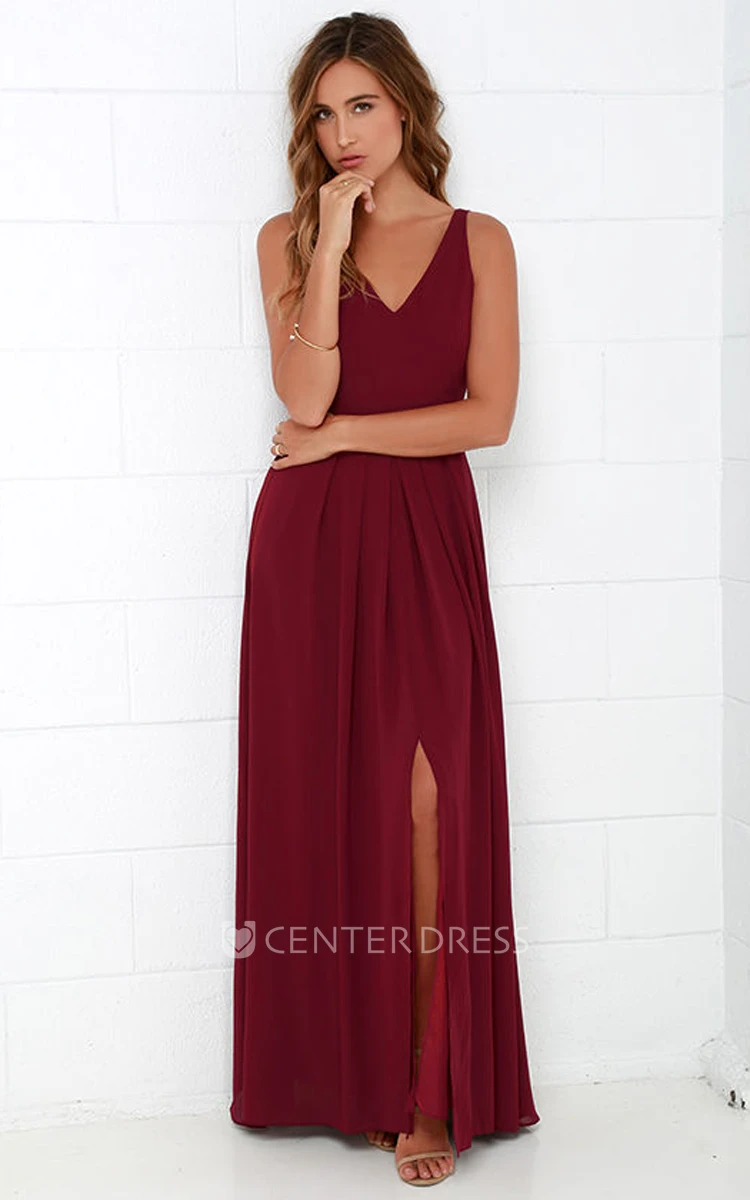 Simple Sleeveless V-Neck A-Line Chiffon Long Dress With Front Split