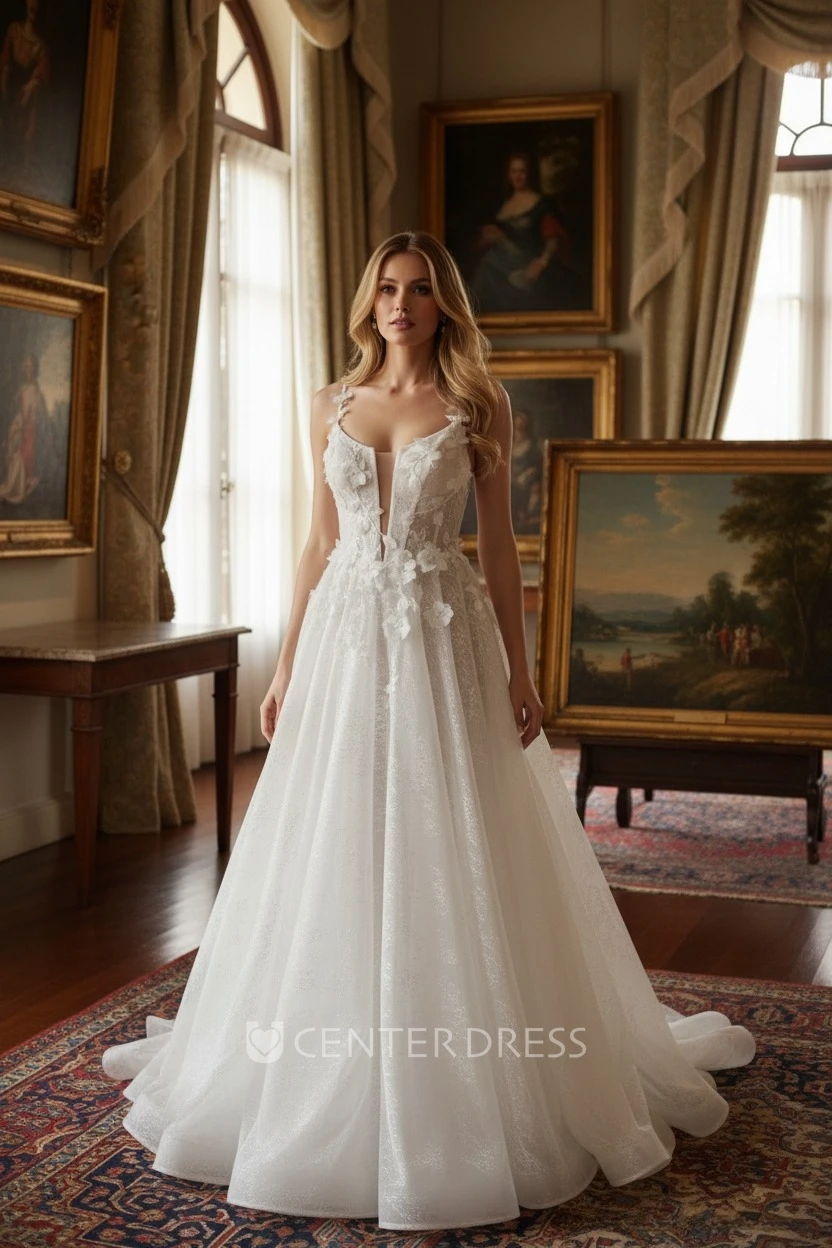 Elegant Flowy A-Line Spaghetti Straps Boho Lace Winter Wedding Dress Modern Floral Backless Court Train Bridal Gown