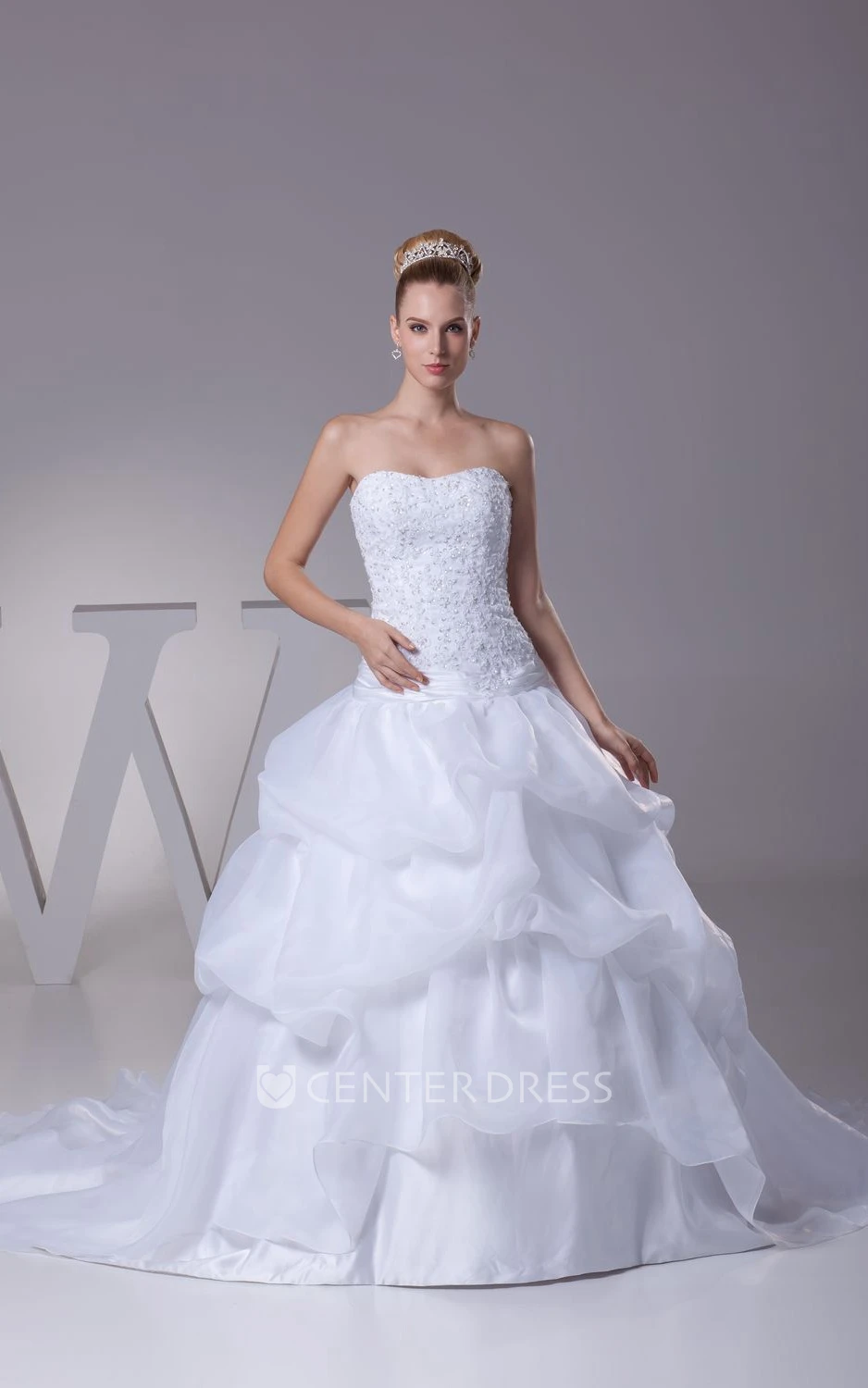 Strapless Appliqued A-Line Ball Gown Organza Wedding Dress With Pick-Up Design